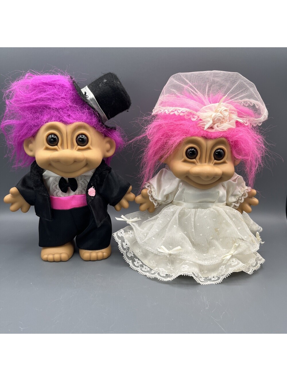 Vintage Russ Troll Dolls Bride Groom Wedding 8” Pink Hair Couple Lot of 2